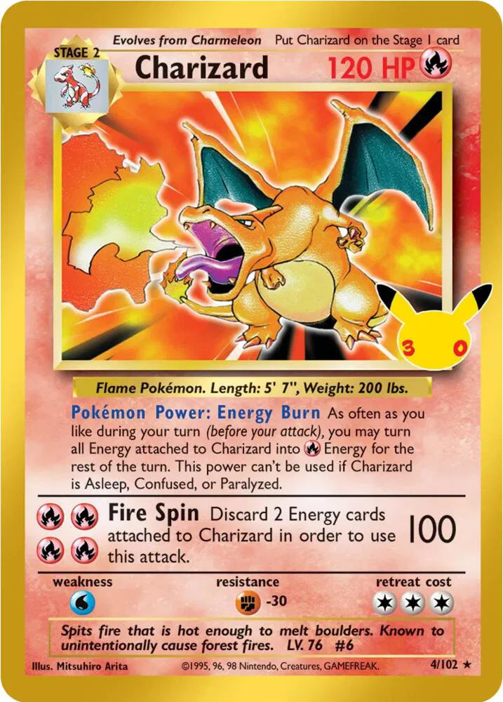 Charizard 4/102 – Sello 30 aniversario – Pokémon TCG en inglés