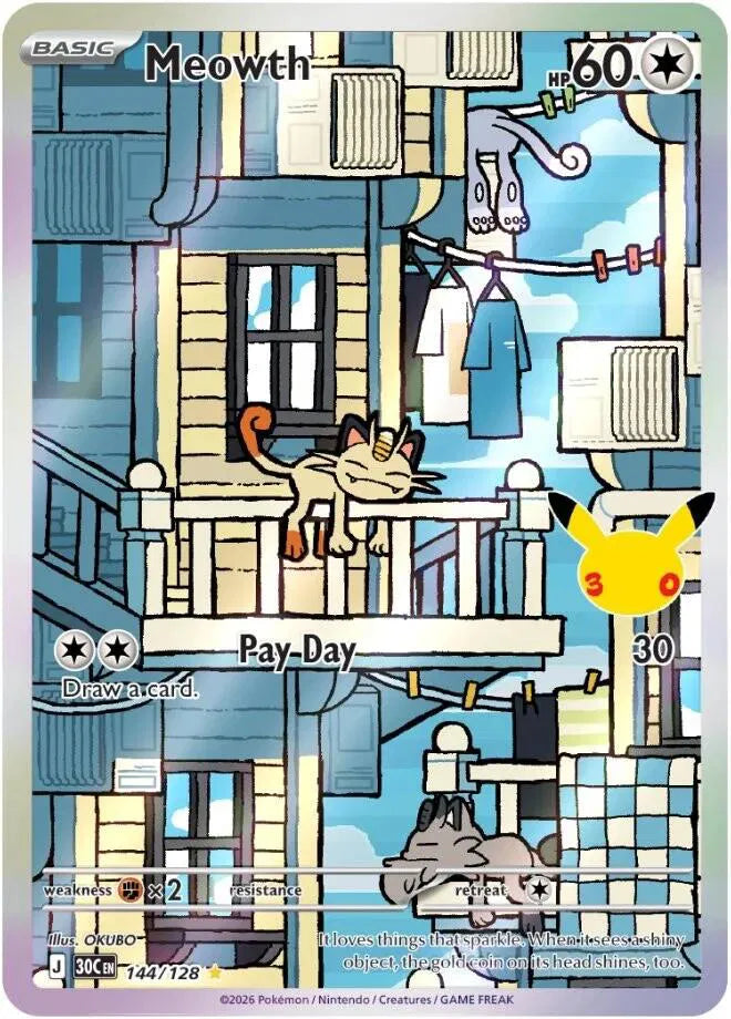 Meowth 144/128 – Sello 30 aniversario – Pokémon TCG en inglés