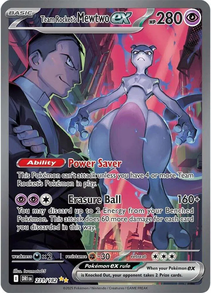 Carta Team Rocket’s Mewtwo ex 231/182 en inglés, con Mewtwo y Giovanni